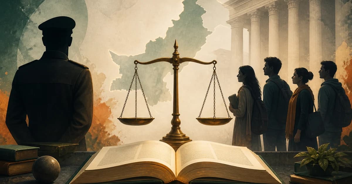 Scales of justice between a uniformed authority figure and university students in Pakistan